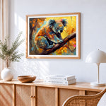 Colourful koala climbing a tree paint by numbers artwork displayed on wall as home decor