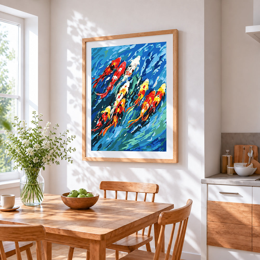 Colourful koi fish in blue water cross stitch artwork displayed on wall as home decor