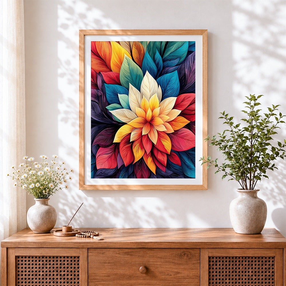 Finished colourful layered leaves cross stitch artwork displayed