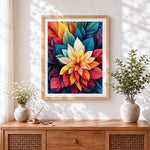 Finished colourful layered leaves cross stitch artwork displayed