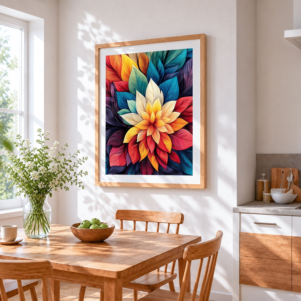 Colourful layered leaves cross stitch artwork displayed on wall as home decor