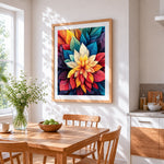 Colourful layered leaves cross stitch artwork displayed on wall as home decor