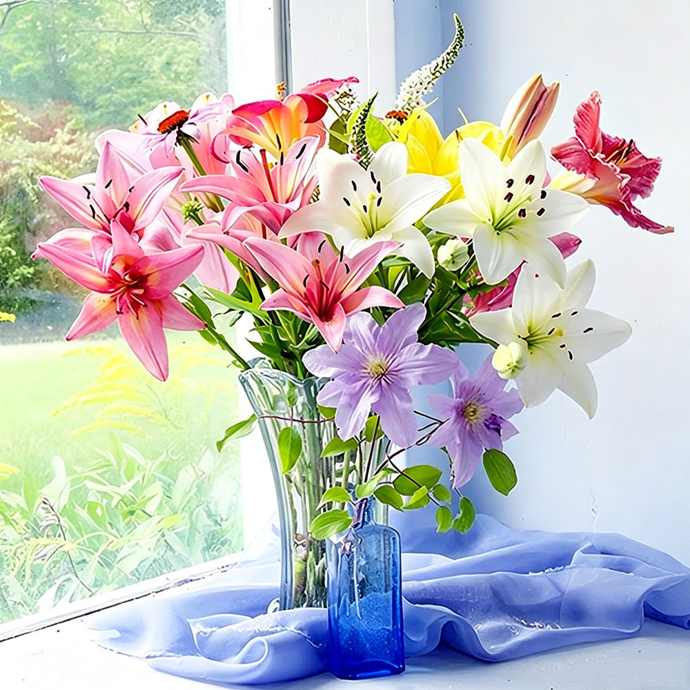 Colourful lilies on a windowsill cross stitch kit for beginners