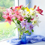 Colourful lilies on a windowsill cross stitch kit for beginners