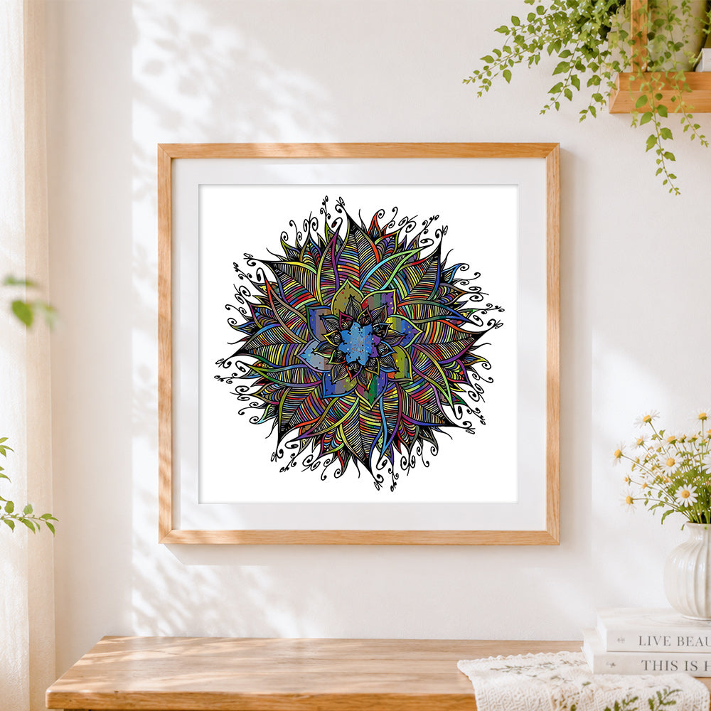 Finished colourful line art mandala cross stitch artwork displayed