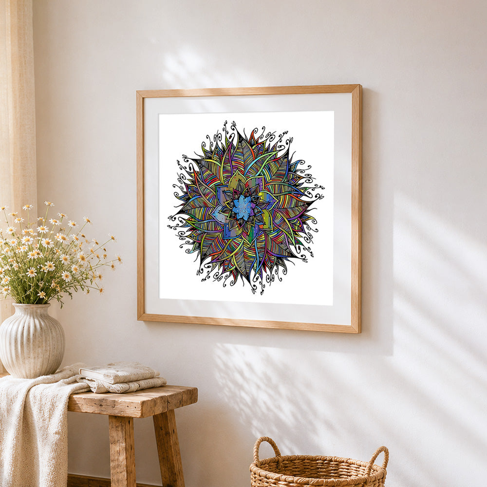 Colourful line art mandala cross stitch artwork displayed on wall as home decor
