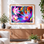 Finished colourful lotus flowers with psychedelic swirls cross stitch artwork displayed