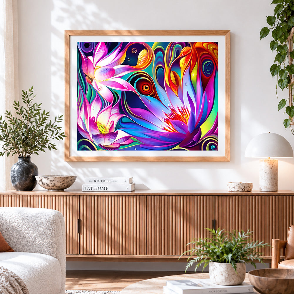 Finished colourful lotus flowers with psychedelic swirls cross stitch artwork displayed