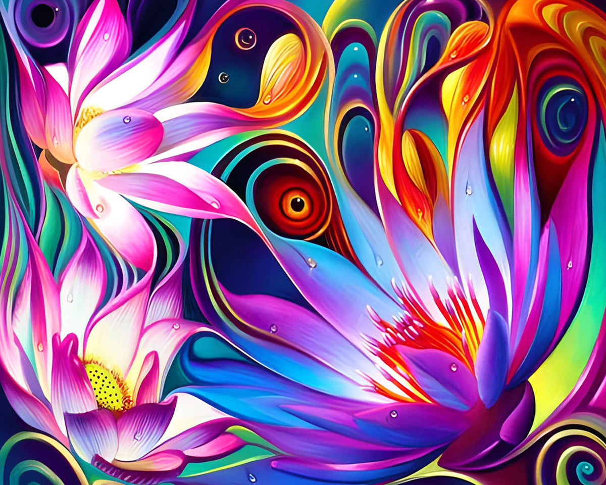 Colourful lotus flowers with psychedelic swirls cross stitch kit for beginners