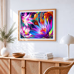 Colourful lotus flowers with psychedelic swirls cross stitch artwork displayed on wall as home decor