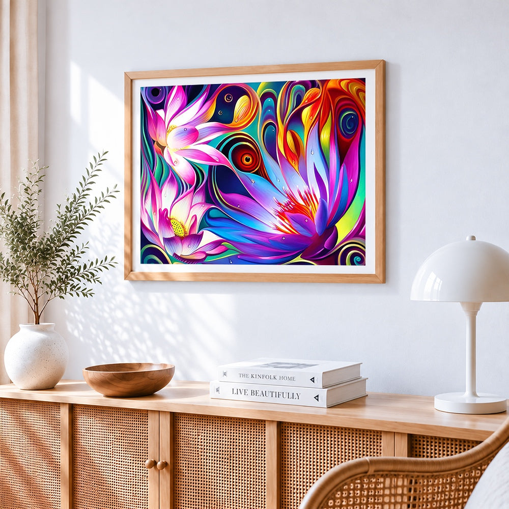 Colourful lotus flowers with psychedelic swirls cross stitch artwork displayed on wall as home decor