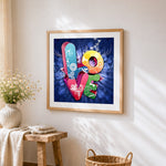 Colourful "love" typography paint by numbers artwork displayed on wall as home decor