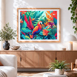 Finished colourful macaw in a tropical jungle cross stitch artwork displayed