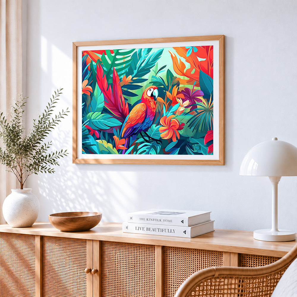Colourful macaw in a tropical jungle cross stitch artwork displayed on wall as home decor