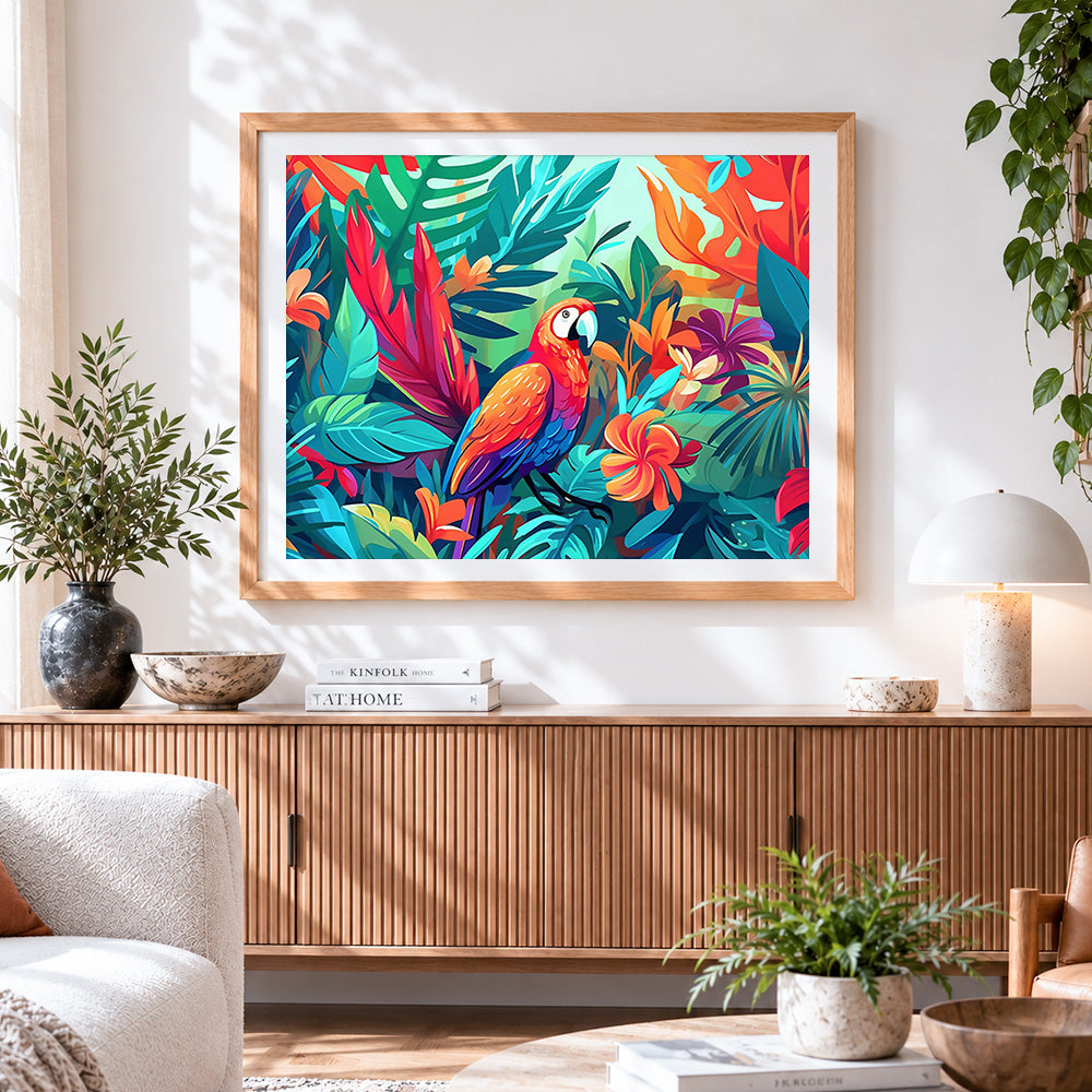Finished colourful macaw in a tropical jungle paint by numbers artwork displayed as home decor