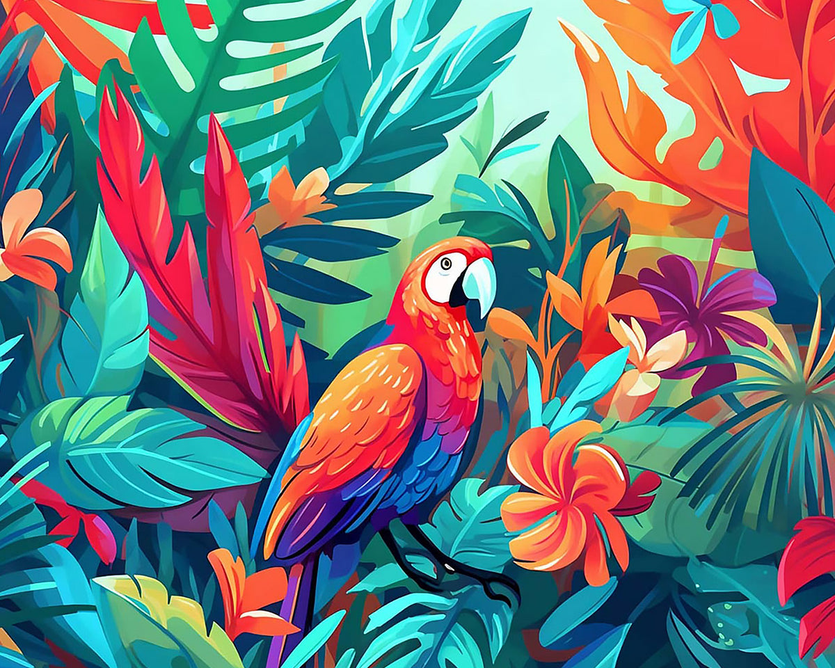 Colourful macaw in a tropical jungle paint by numbers kit for beginners