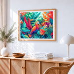 Colourful macaw in a tropical jungle paint by numbers artwork displayed on wall as home decor