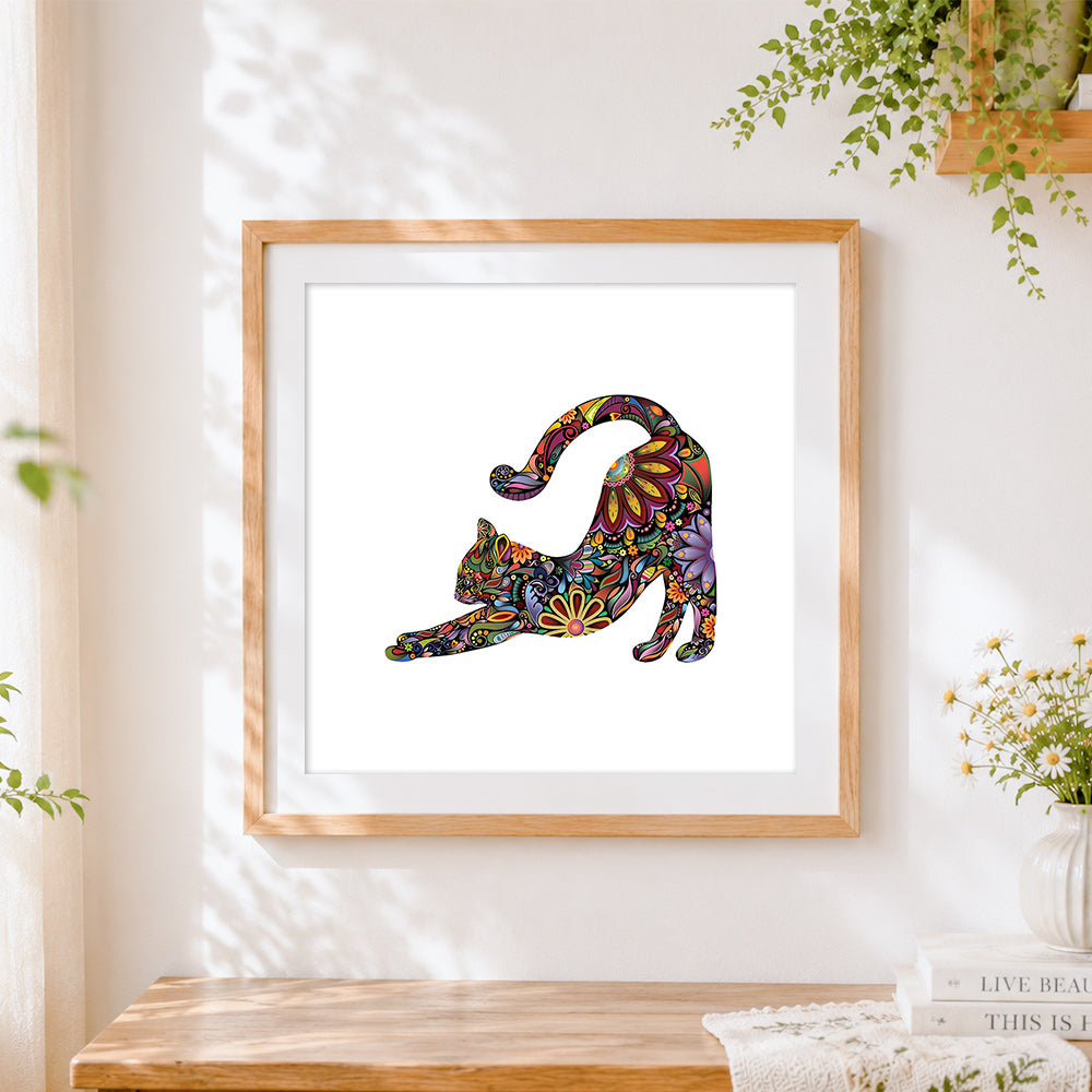 Finished colourful mandala cat stretching cross stitch artwork displayed