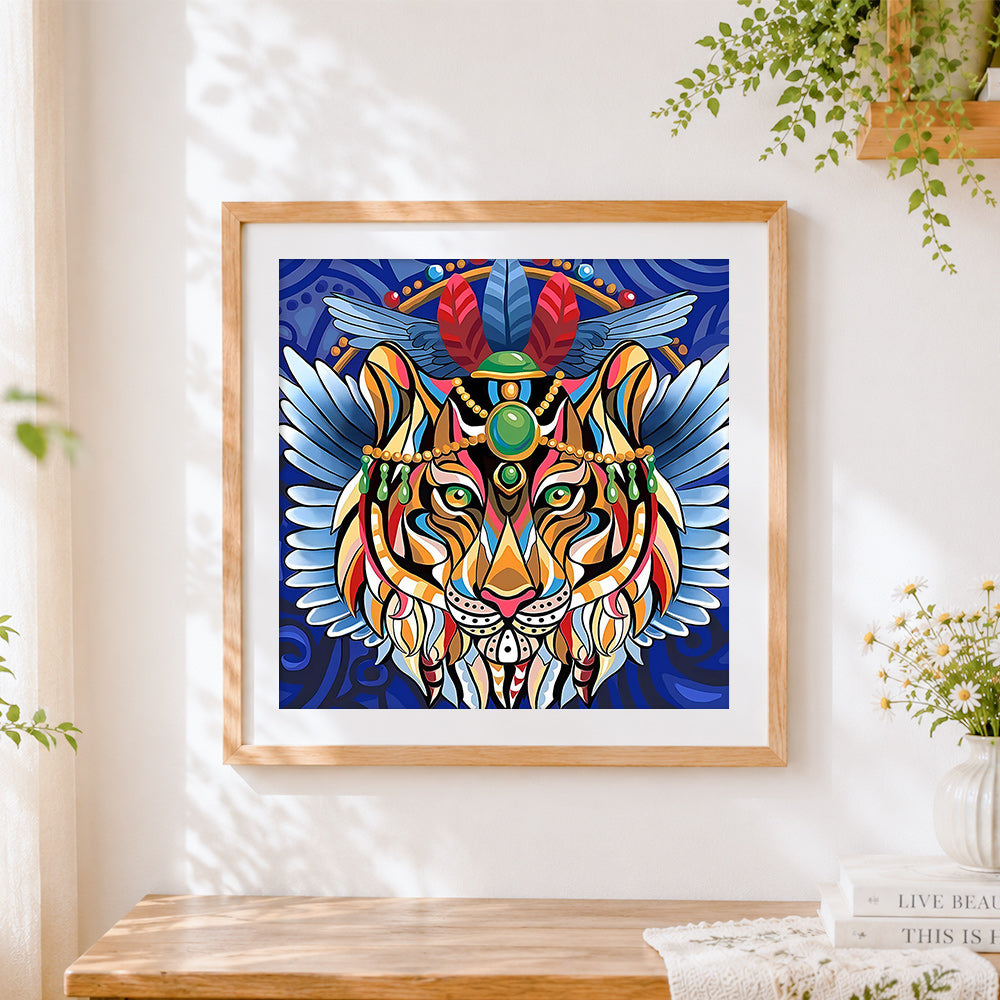 Finished colourful mandala lion cross stitch artwork displayed