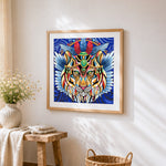 Colourful mandala lion cross stitch artwork displayed on wall as home decor