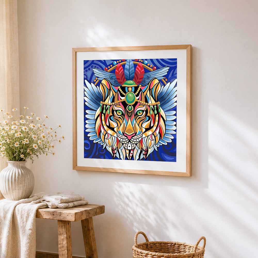 Colourful mandala lion cross stitch artwork displayed on wall as home decor