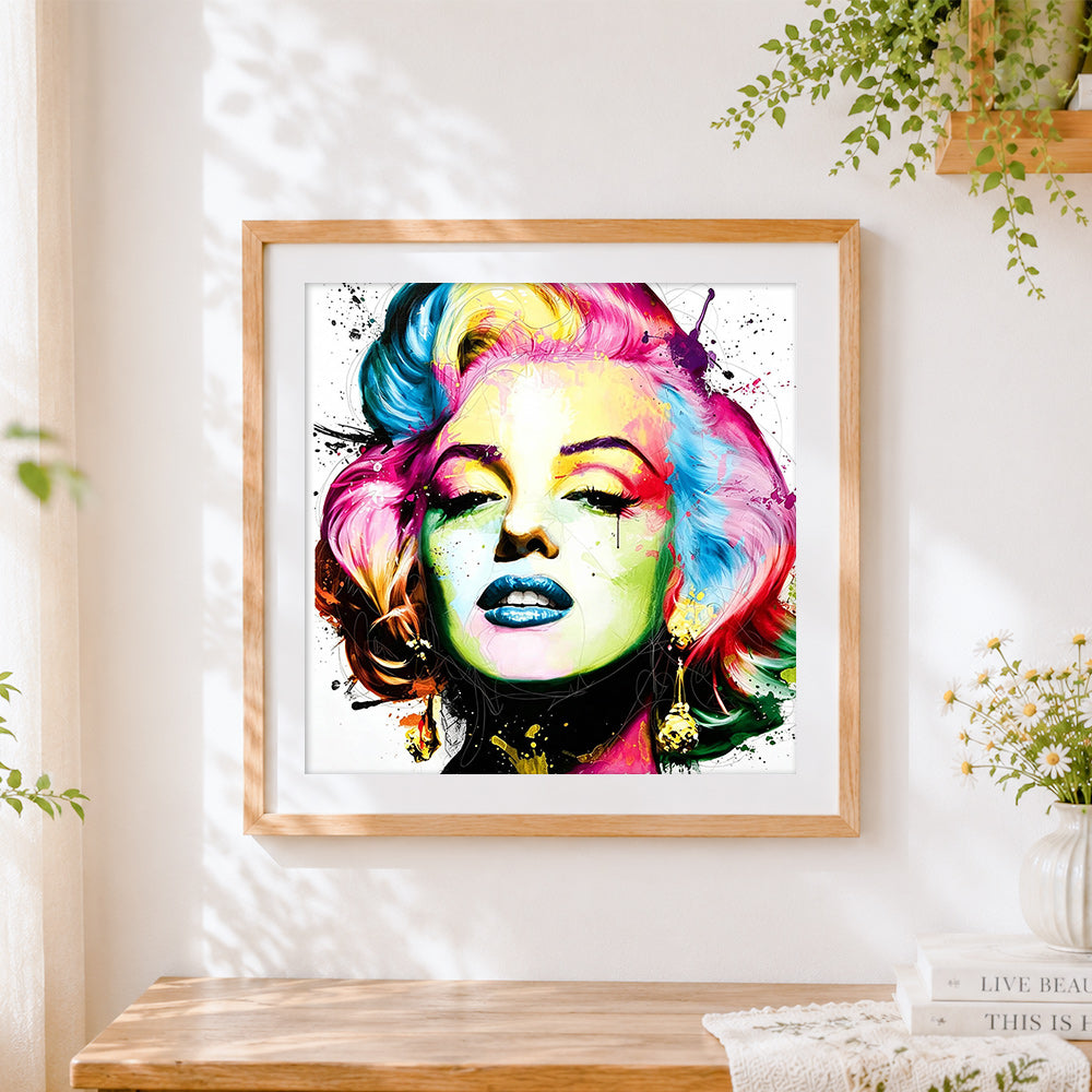 Finished colourful marilyn monroe face paint by numbers artwork displayed as home decor