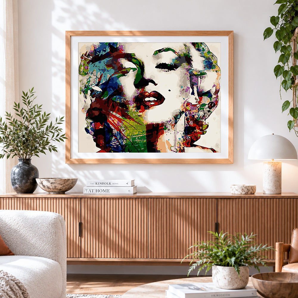 Finished colourful marilyn monroe pop art paint by numbers artwork displayed as home decor