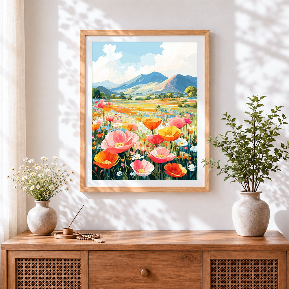 Finished colourful meadow and mountains cross stitch artwork displayed