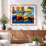 Finished colourful mediterranean boats paint by numbers artwork displayed as home decor
