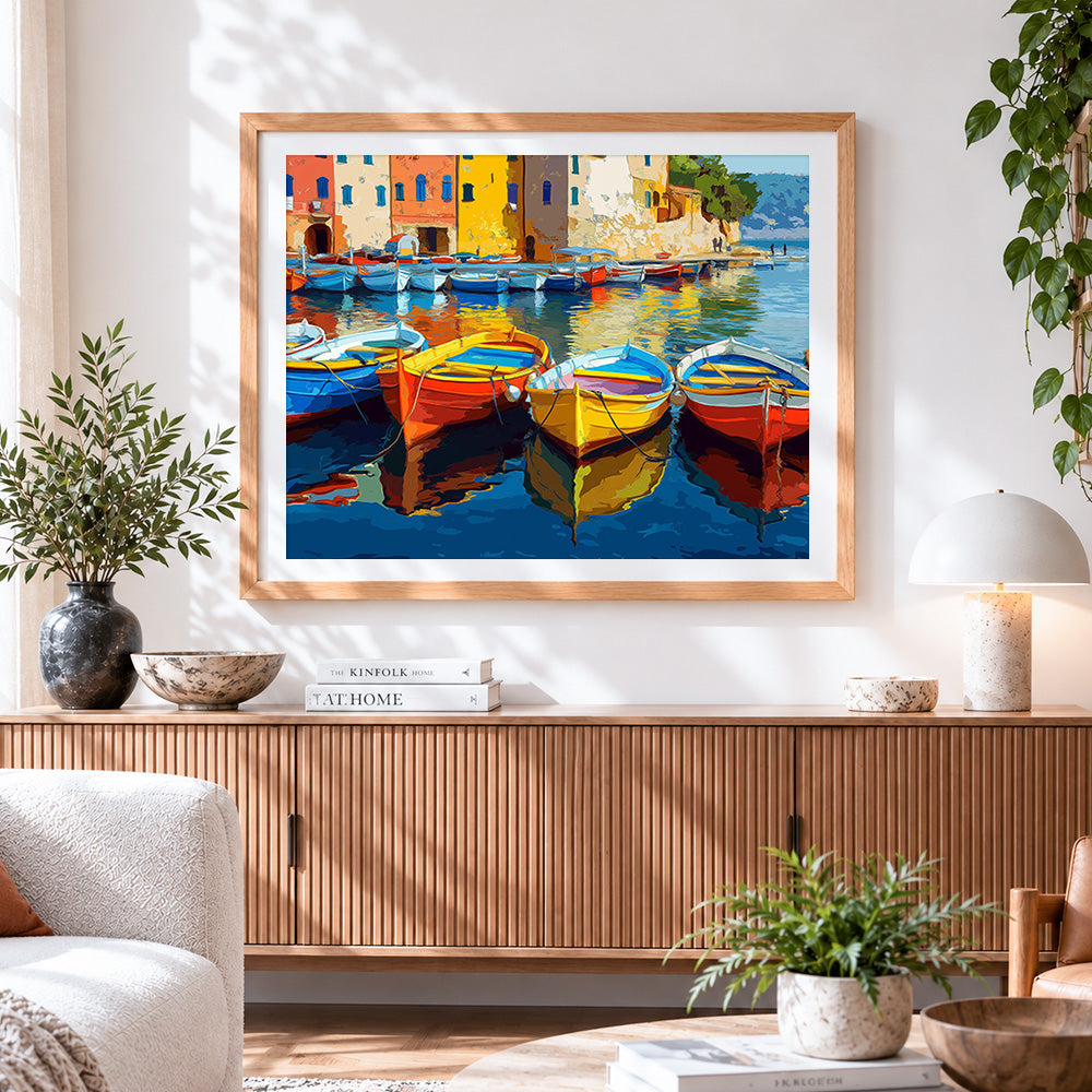 Finished colourful mediterranean boats paint by numbers artwork displayed as home decor