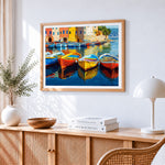Colourful mediterranean boats paint by numbers artwork displayed on wall as home decor