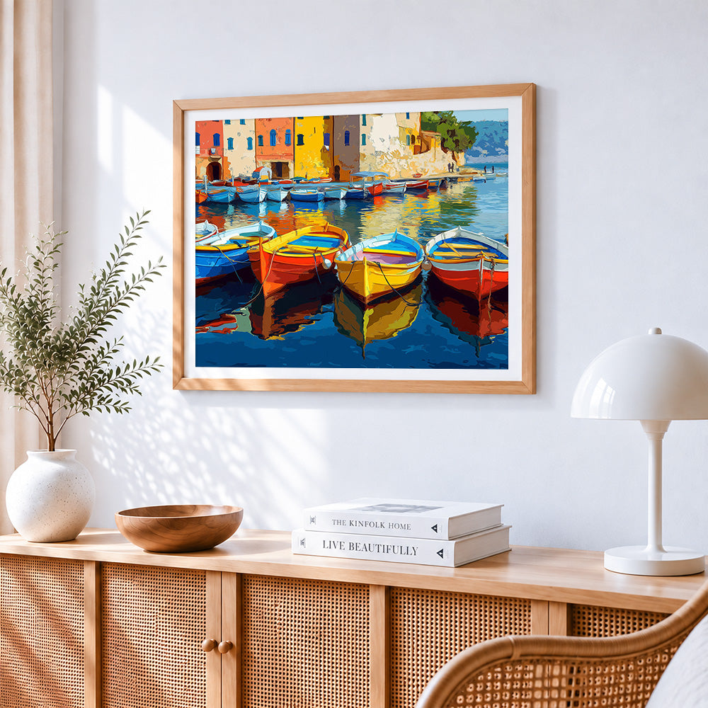 Colourful mediterranean boats paint by numbers artwork displayed on wall as home decor