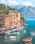 Colourful mediterranean coastal town cross stitch kit for beginners