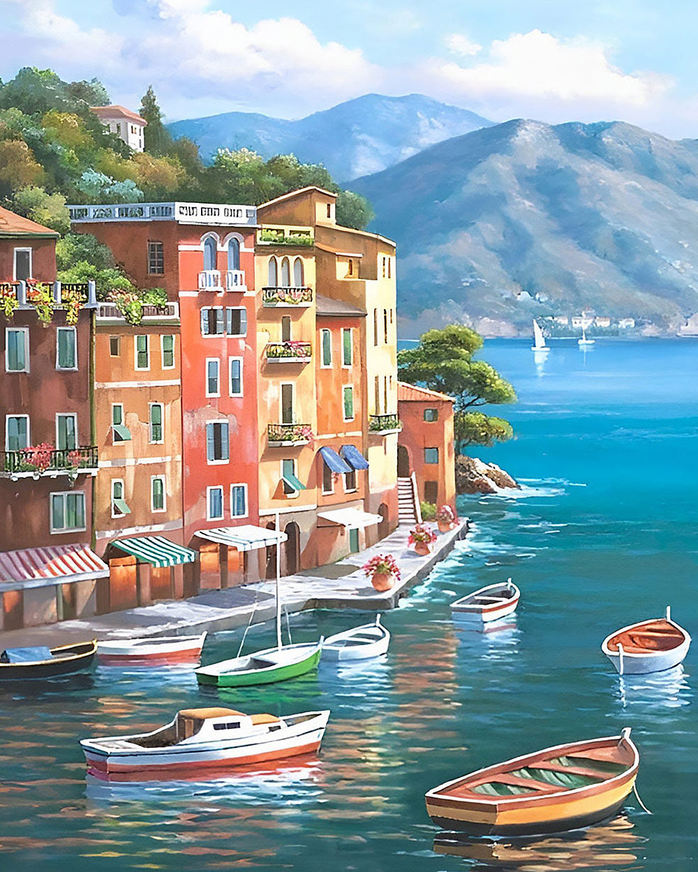 Colourful mediterranean coastal town cross stitch kit for beginners