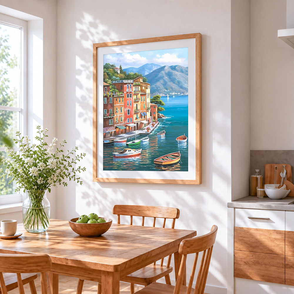 Colourful mediterranean coastal town cross stitch artwork displayed on wall as home decor