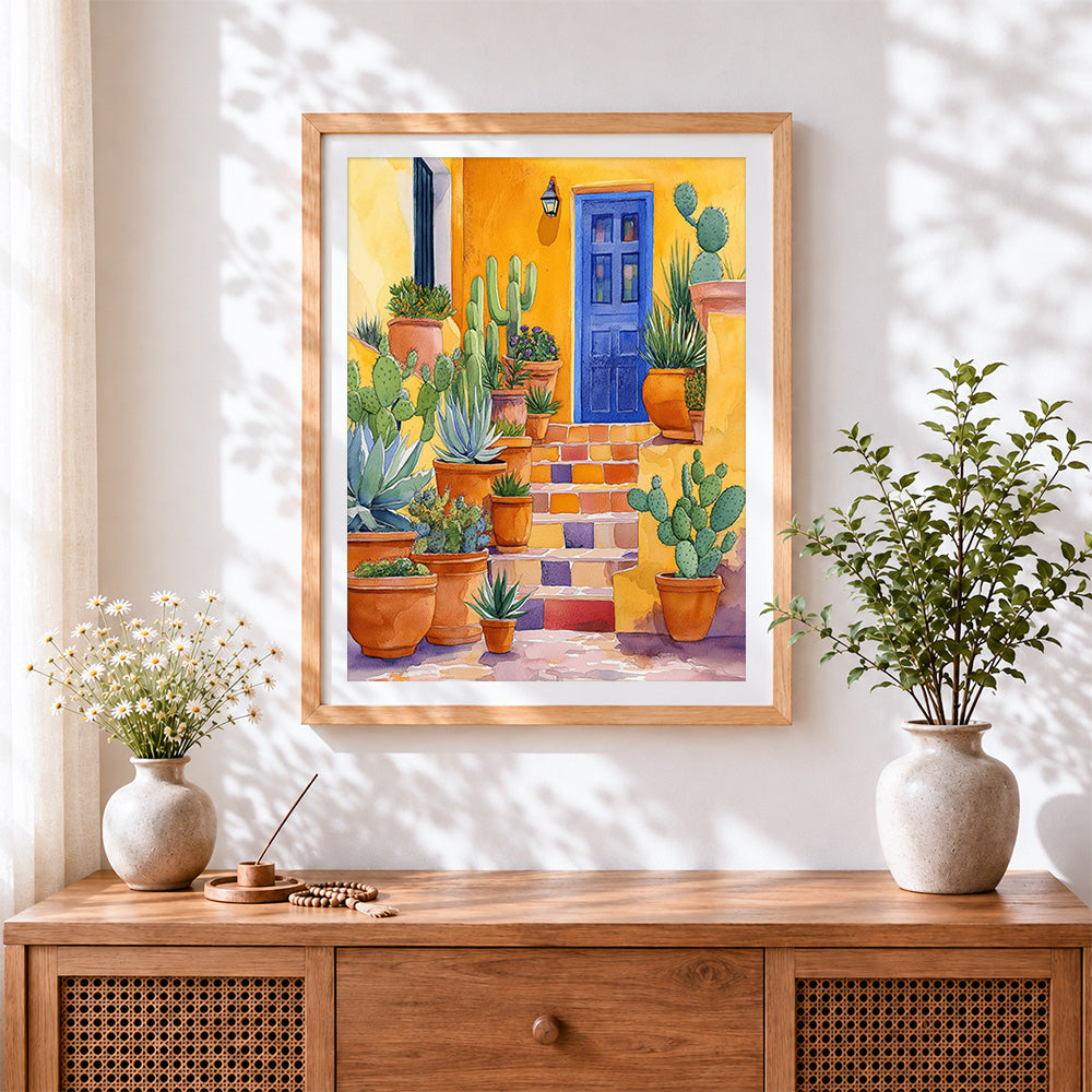 Finished colourful mexican courtyard with cacti cross stitch artwork displayed