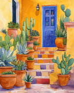 Colourful mexican courtyard with cacti cross stitch kit for beginners