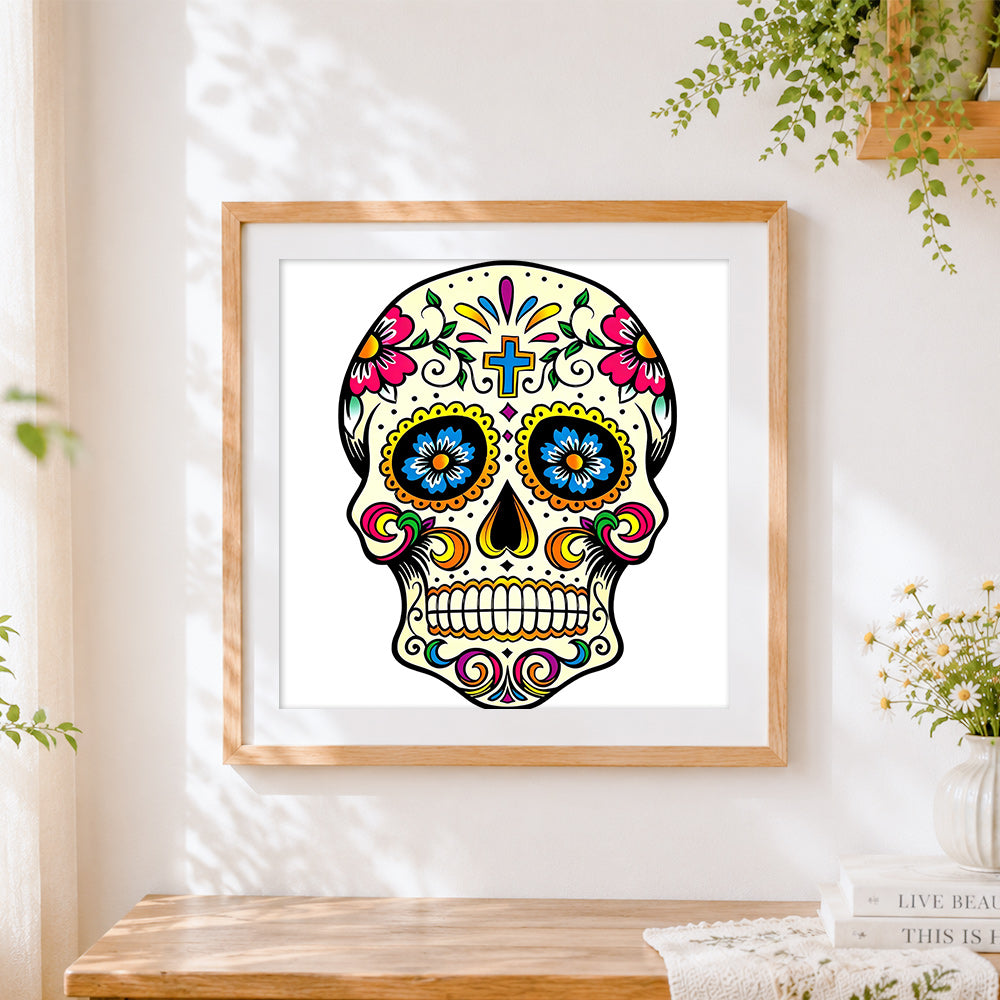 Finished colourful mexican sugar skull cross stitch artwork displayed