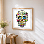 Colourful mexican sugar skull cross stitch artwork displayed on wall as home decor
