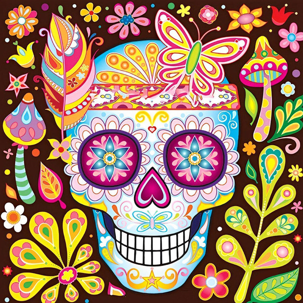 Colourful mexican sugar skull with butterfly cross stitch kit for beginners