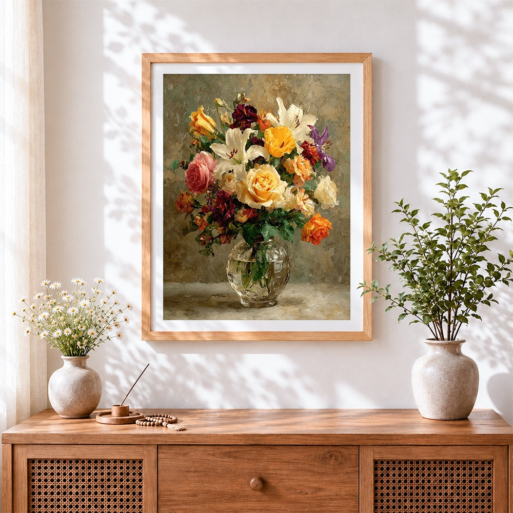 Finished colourful mixed floral bouquet cross stitch artwork displayed