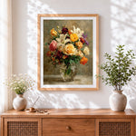 Finished colourful mixed floral bouquet cross stitch artwork displayed