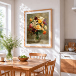 Colourful mixed floral bouquet cross stitch artwork displayed on wall as home decor