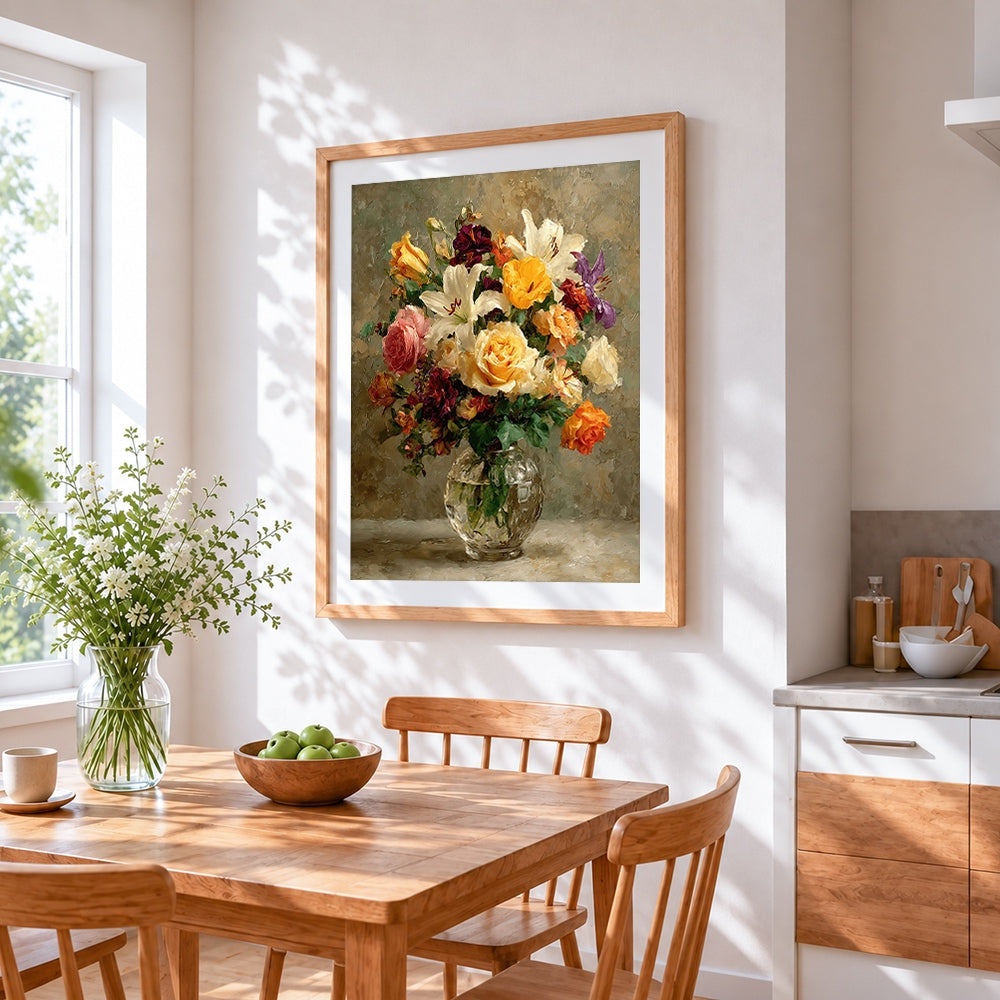 Colourful mixed floral bouquet cross stitch artwork displayed on wall as home decor