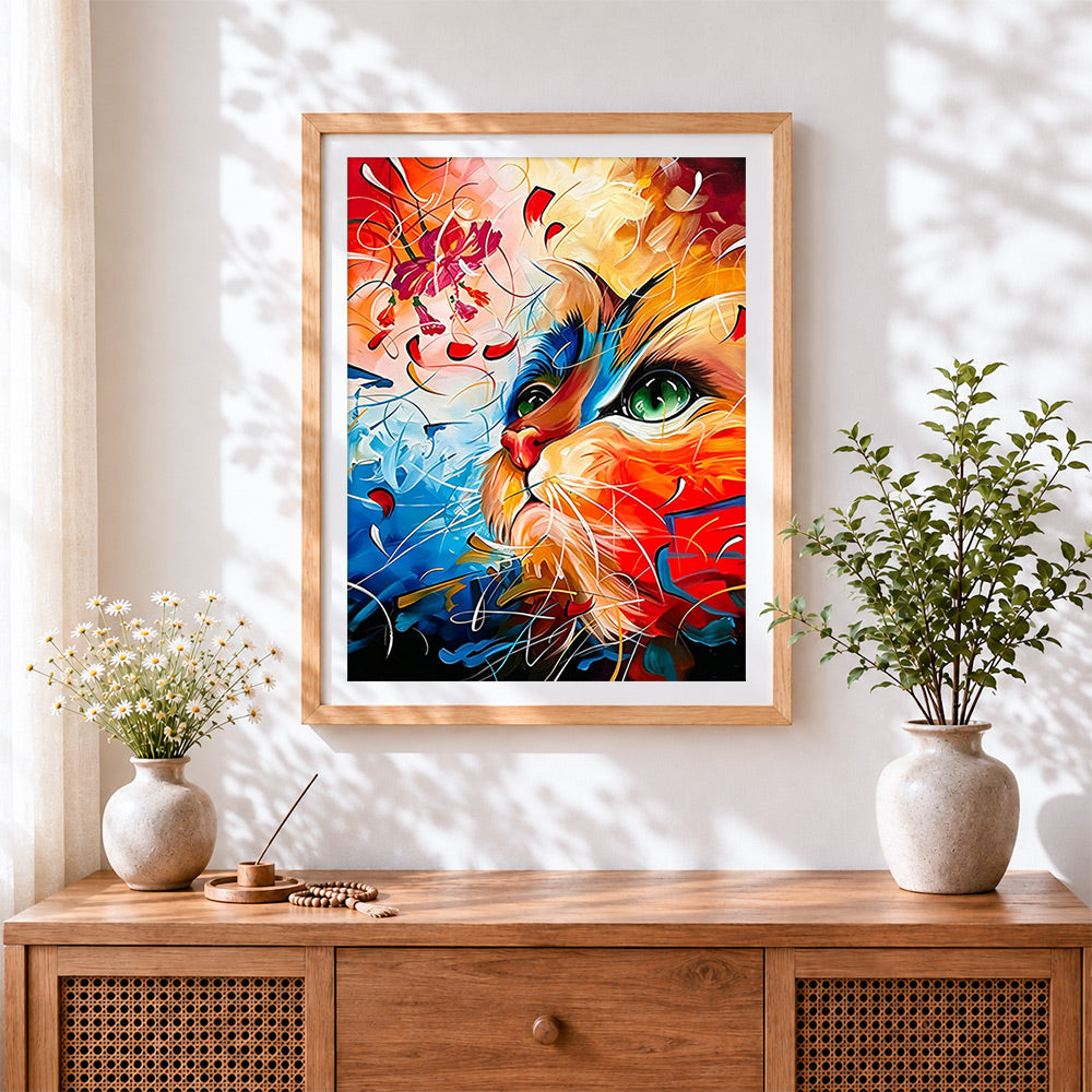 Finished colourful modern cat cross stitch artwork displayed