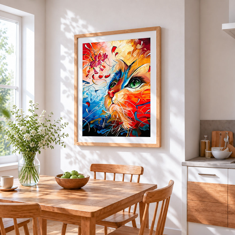 Colourful modern cat cross stitch artwork displayed on wall as home decor