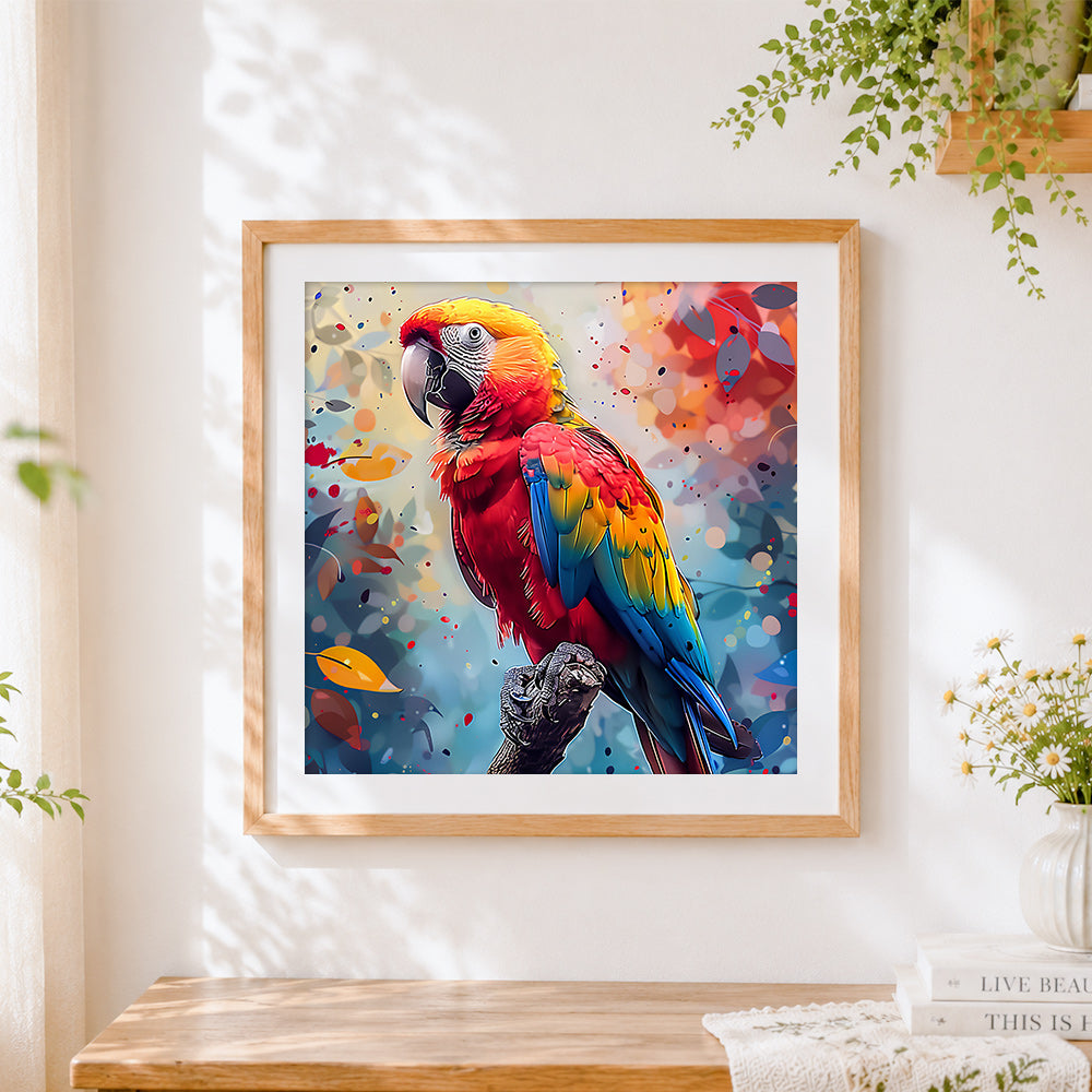 Finished colourful modern pop art macaw cross stitch artwork displayed