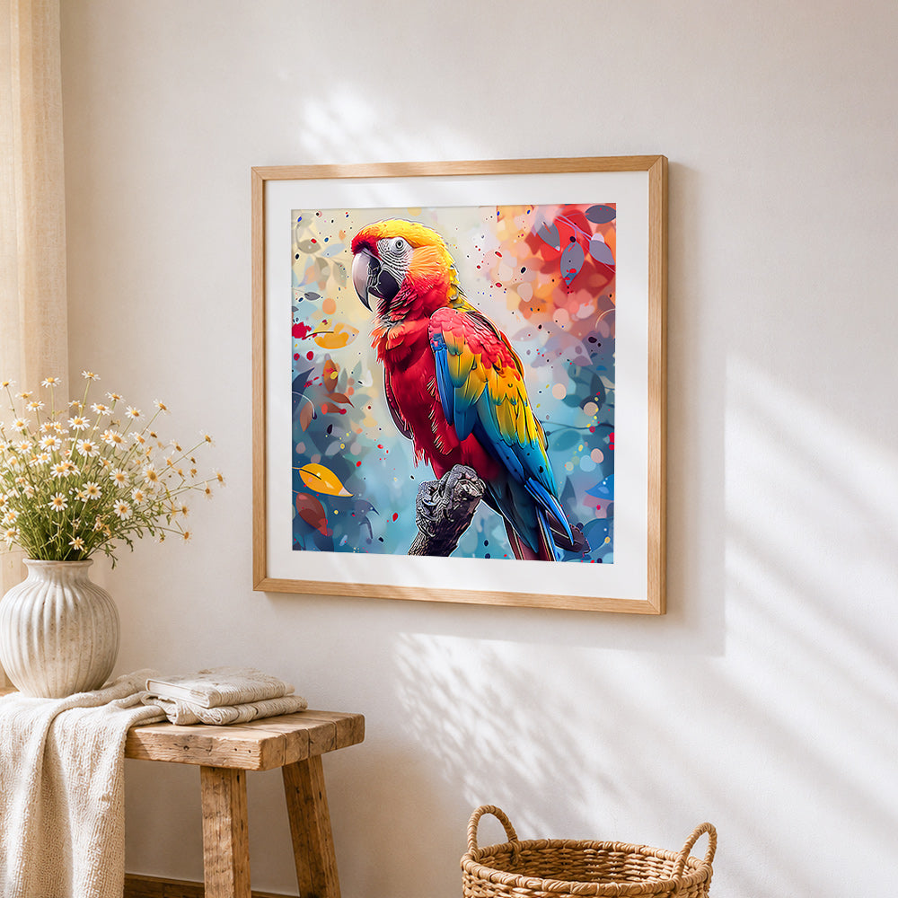 Colourful modern pop art macaw cross stitch artwork displayed on wall as home decor