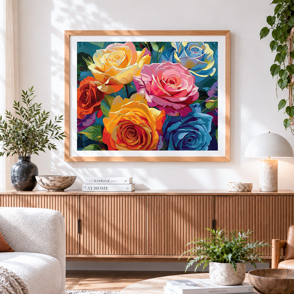 Finished colourful modern roses cross stitch artwork displayed