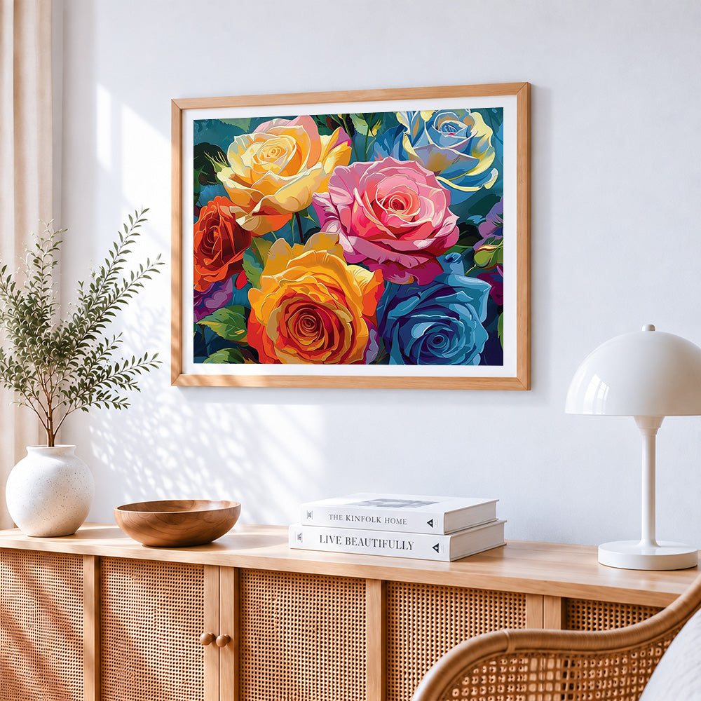 Colourful modern roses cross stitch artwork displayed on wall as home decor